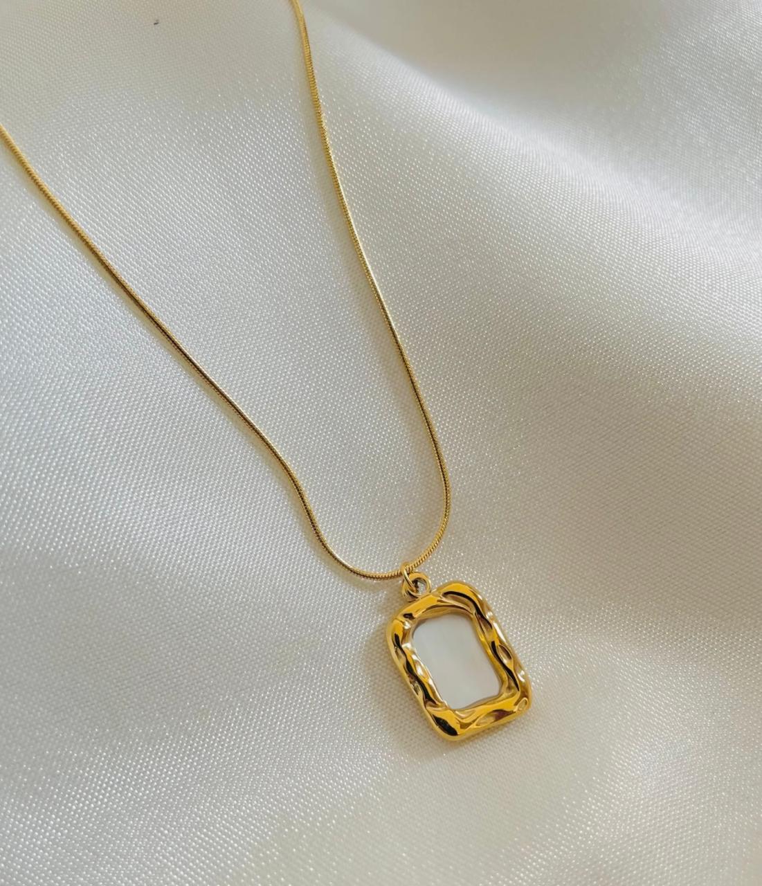 Aureline Gold Plated Wavy Frame Mother-of-Pearl Pendant Necklace