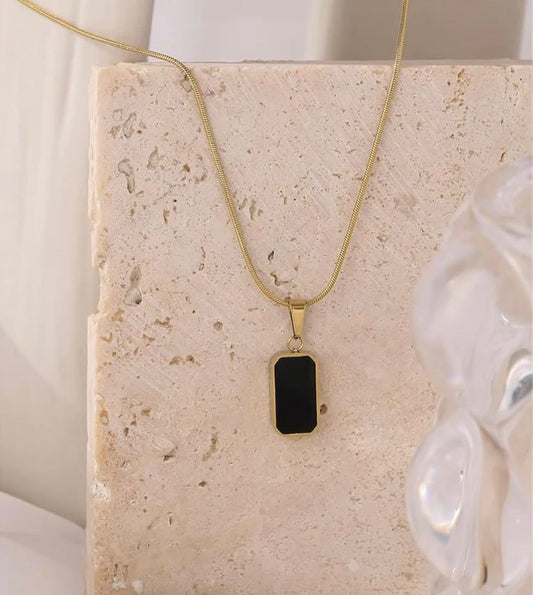 Aureline Minimalist Gold-Plated Black Enamel Rectangle Pendant Necklace